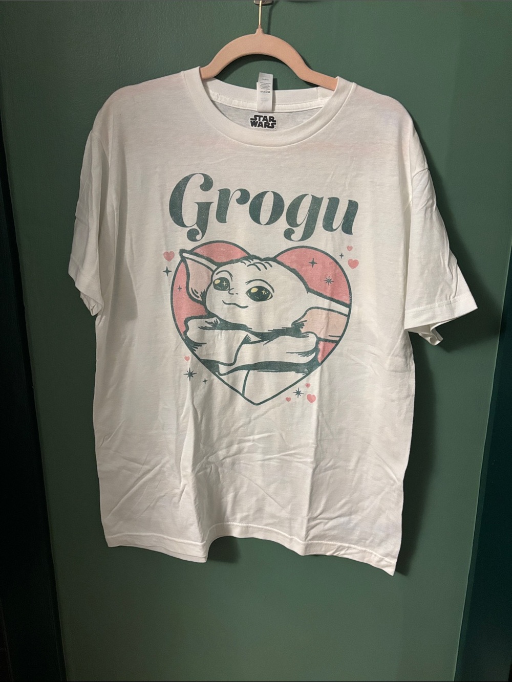 Star Wars Grogu White Tee with Pink Accent Heart Graphic